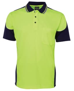 A neon yellow and navy work polo shirt featuring contrast piping and a chest pocket. It has a logo displayed.