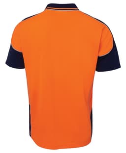 A bright orange and navy work polo shirt with contrast piping and a logo on the back.