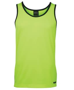 A bright lime green singlet with contrasting black trim and a label, designed for workwear.