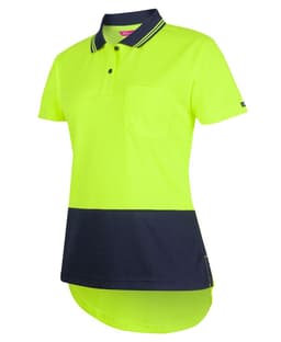 A bright yellow and navy drop-tail polo shirt featuring a pocket and a logo. Ideal for workwear.
