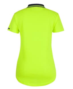 A bright lime green polo shirt with short sleeves and a drop tail design, featuring a logo on the sleeve.