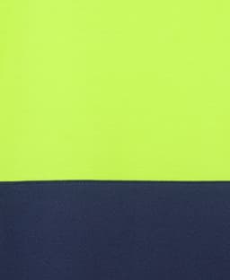 A high visibility polo shirt featuring a bright yellow upper section and a navy blue lower section, with branding.