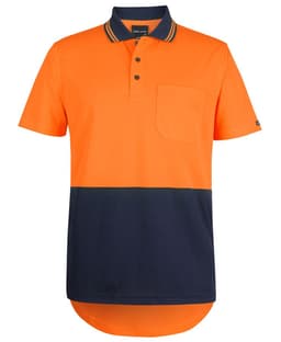 An orange and navy short-sleeved drop tail polo shirt with a pocket and a logo.