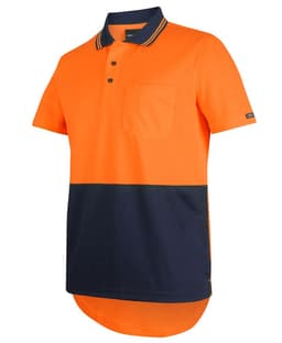 An orange and navy blue polo shirt with a drop tail design and a chest pocket, featuring a logo.