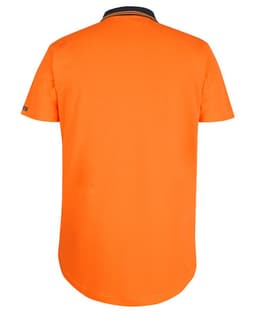 An orange short-sleeve polo shirt with a drop tail design and a contrasting collar. It features a logo.