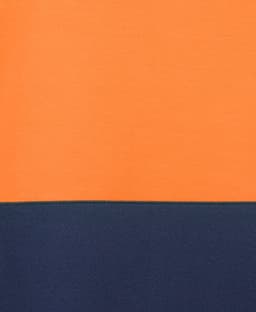 A two-tone polo shirt featuring an orange top and a dark navy bottom, with a branded logo present.
