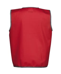A red tricot sports vest with grey trim, designed for kids, featuring a logo on the back.