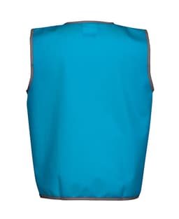 A blue tricot vest with grey trimming, featuring a logo on the back.