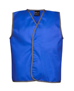 A blue tricot vest with grey trim, featuring a logo at the top. It is designed as a sports uniform.