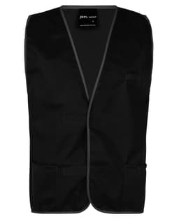 A black tricot vest with a simple design, featuring pockets and contrasting trim, branded with a logo.