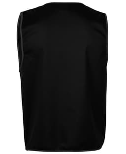 A black tricot vest with grey trim, featuring a logo on the back. Designed for workwear use.