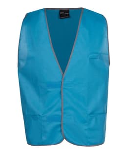 A blue tricot vest with a contrasting trim and a pocket, featuring a branding logo. Suitable for workwear use.