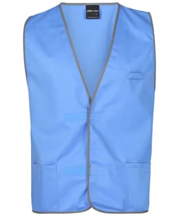A blue tricot vest with grey trim, featuring pockets and a label inside. It has a logo on the label.