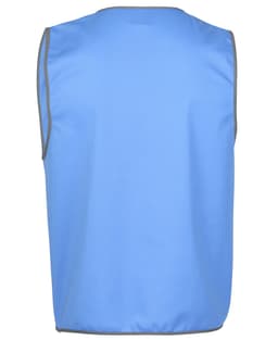 A blue work vest with grey trim and no sleeves. The back view highlights the simple design and material.
