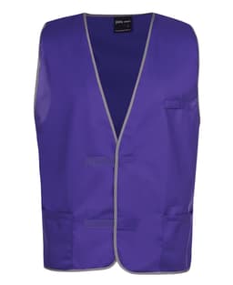 A purple work vest with grey trimming, featuring two front pockets and a logo.