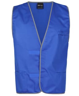 A blue work vest with grey trim, featuring two pockets and a logo at the neckline.