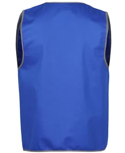A blue vest with a grey trim and a logo, designed for workwear applications.