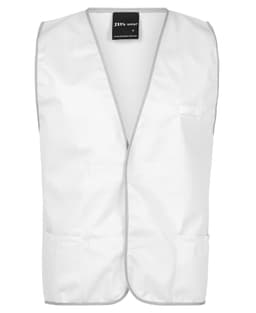 A white tricot vest featuring grey trim and multiple pockets. The vest includes branding.