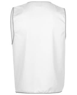 A plain white work vest with grey trim and a logo. The back view shows a simple, sleeveless design.