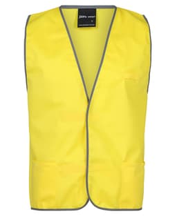 A bright yellow tricot vest with grey trim, featuring multiple pockets and a logo tag on the neckline.