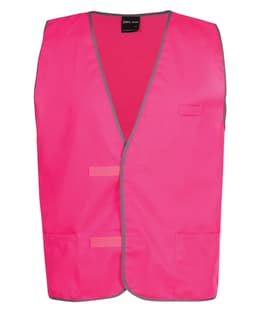 A pink tricot vest with grey trim, featuring pockets and a logo. Suitable for workwear use.