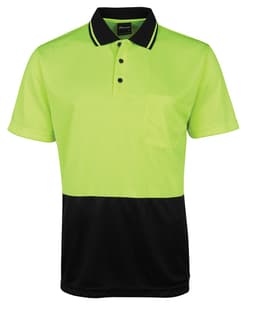 A bright yellow-green and black polo shirt with a collar and a small pocket, featuring a logo.