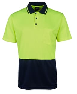 A bright yellow and navy polo shirt with a pocket, featuring a logo and a non-cuff design.