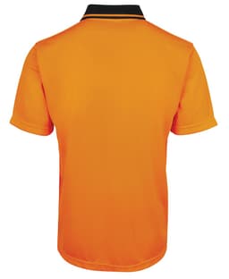 An orange polo shirt with a black collar, featuring short sleeves and a logo on the back.
