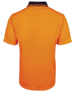 An orange polo shirt with a navy collar, featuring a brand logo. It has a non-cuff design suitable for workwear.