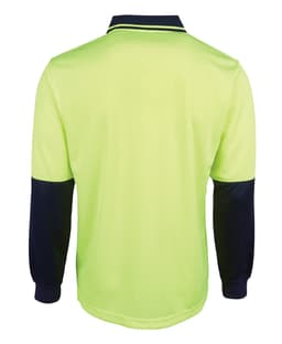 A long-sleeve polo shirt in high-visibility yellow with navy blue sleeves and collar, featuring a logo.