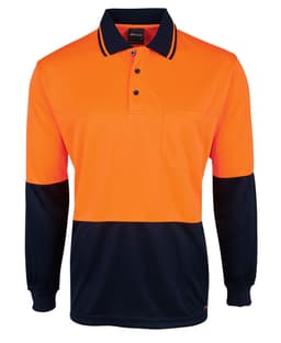 An orange and navy long-sleeve polo shirt featuring a pocket and a logo.