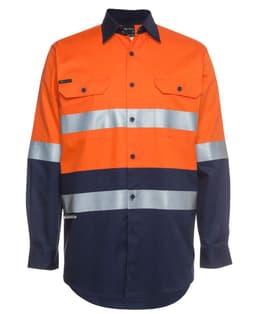 An orange and navy long-sleeve work shirt featuring reflective strips and a logo.