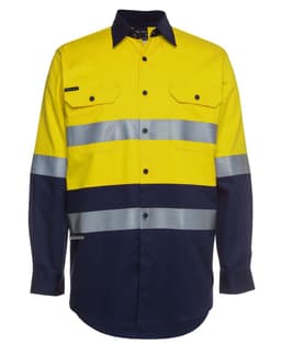 A long-sleeve work shirt featuring yellow and navy blue colours with reflective stripes and a logo.