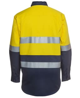 A long-sleeve work shirt in bright yellow and navy blue with reflective stripes and a logo.