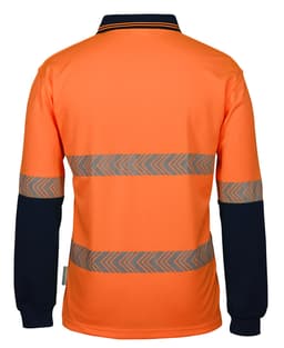 Long-sleeved polo shirt in orange and navy, featuring segmented reflective stripes and a collar. Includes branding.
