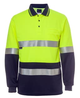 A long-sleeve work polo shirt in fluorescent yellow and navy, featuring reflective stripes and a logo.
