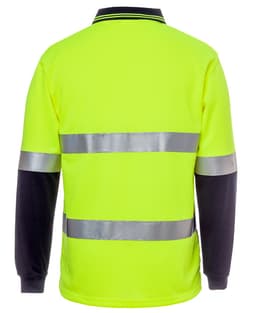 A high-visibility long-sleeve polo in bright yellow, featuring reflective stripes and navy blue sleeves.
