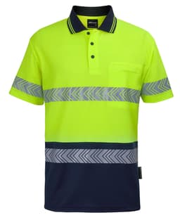 A lime green and navy segmented tape polo shirt with reflective stripes and a chest pocket. It features a collar and buttons.