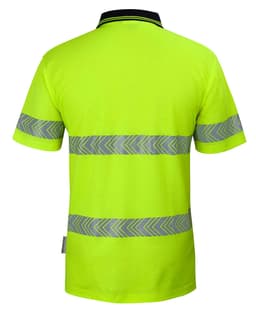 A lime green polo shirt with navy collar and segmented reflective stripes on the back. Features a logo.