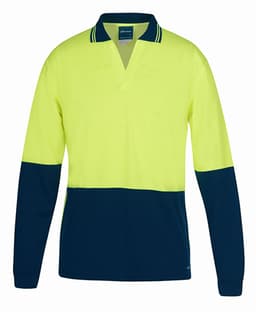 A long-sleeved polo shirt in lime and navy, featuring a collar and contrasting colour blocks. Includes a logo.
