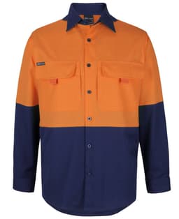 A long-sleeved fishing shirt in orange and navy blue, featuring two chest pockets and a logo.
