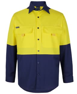 A long-sleeve fishing shirt in high visibility yellow and navy blue, featuring two chest pockets and a logo.