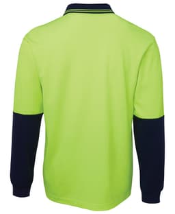 A long-sleeved polo shirt in bright yellow-green with navy blue sleeves and a logo on the chest.