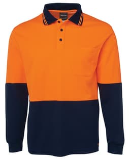 An orange and navy long-sleeve cotton polo shirt with a chest pocket and a logo.
