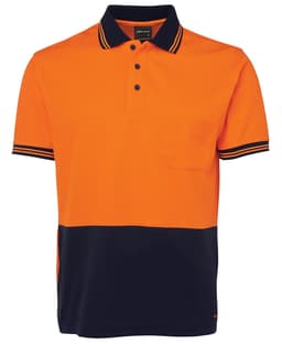 An orange and navy polo shirt with a pocket and a logo. Features contrasting stripes on the collar and sleeves.