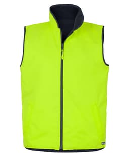 A bright yellow reversible vest with a black interior and two front pockets. It has a zipper closure and a high collar.
