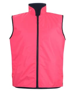 A reversible vest in bright pink with a high collar and a front zipper, featuring a brand logo.
