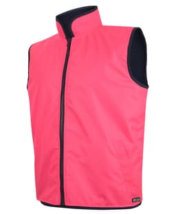 A reversible vest in bright pink with a zip closure and side pockets, featuring a logo on the hem.