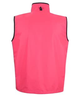 A reversible vest in bright pink with black trim, featuring a high collar and a logo.