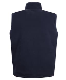 A navy reversible vest featuring a high collar and a logo on the back.